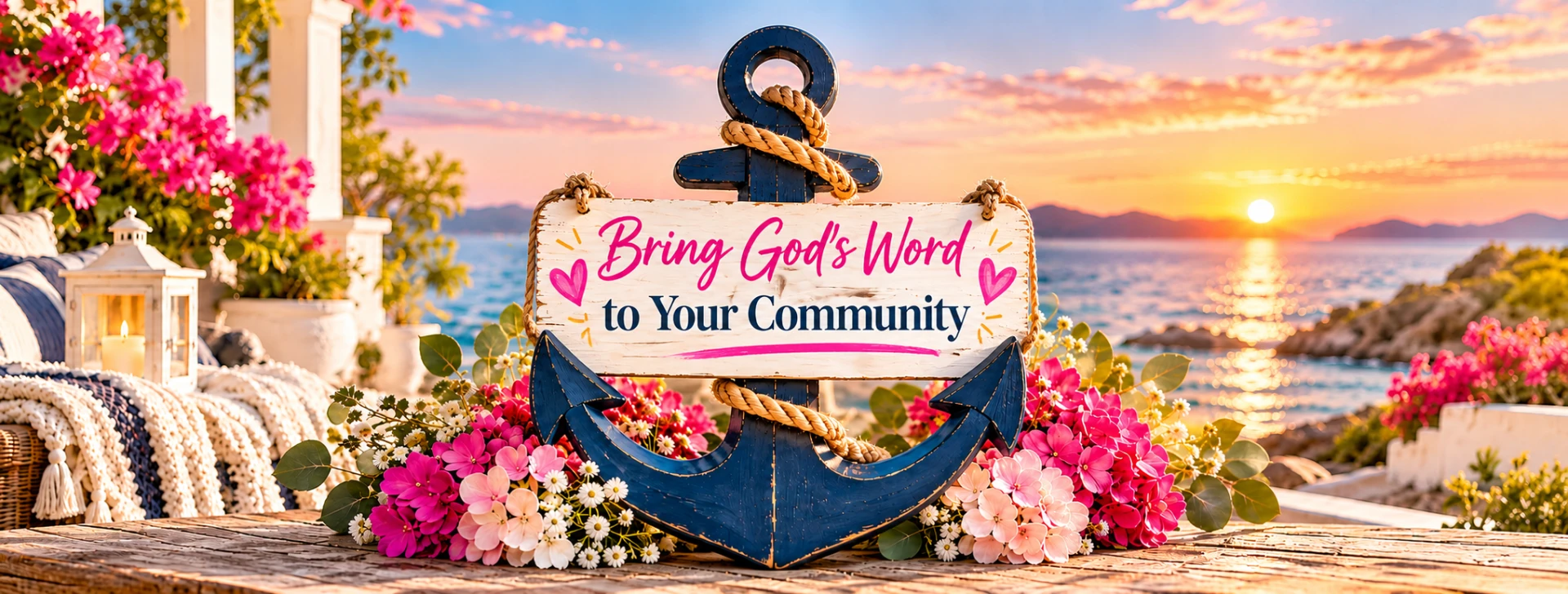 Bring God's Word to Your Community — navy anchor surrounded by pink flowers beside the sea