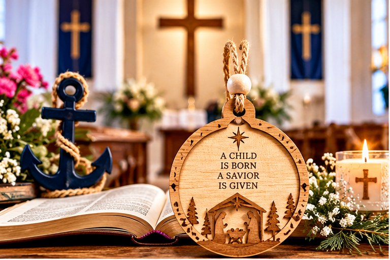A nativity Christmas ornament hanging beside an open Bible, a navy anchor and a lit candle in a church sanctuary.