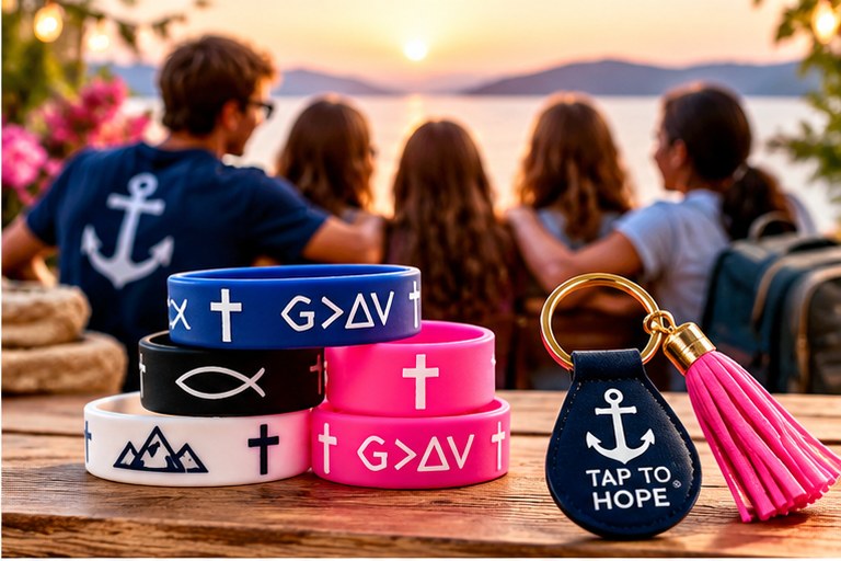 Anchor To God wristbands and a TAP to Hope keychain on a wooden table, with young people watching a lakeside sunset.