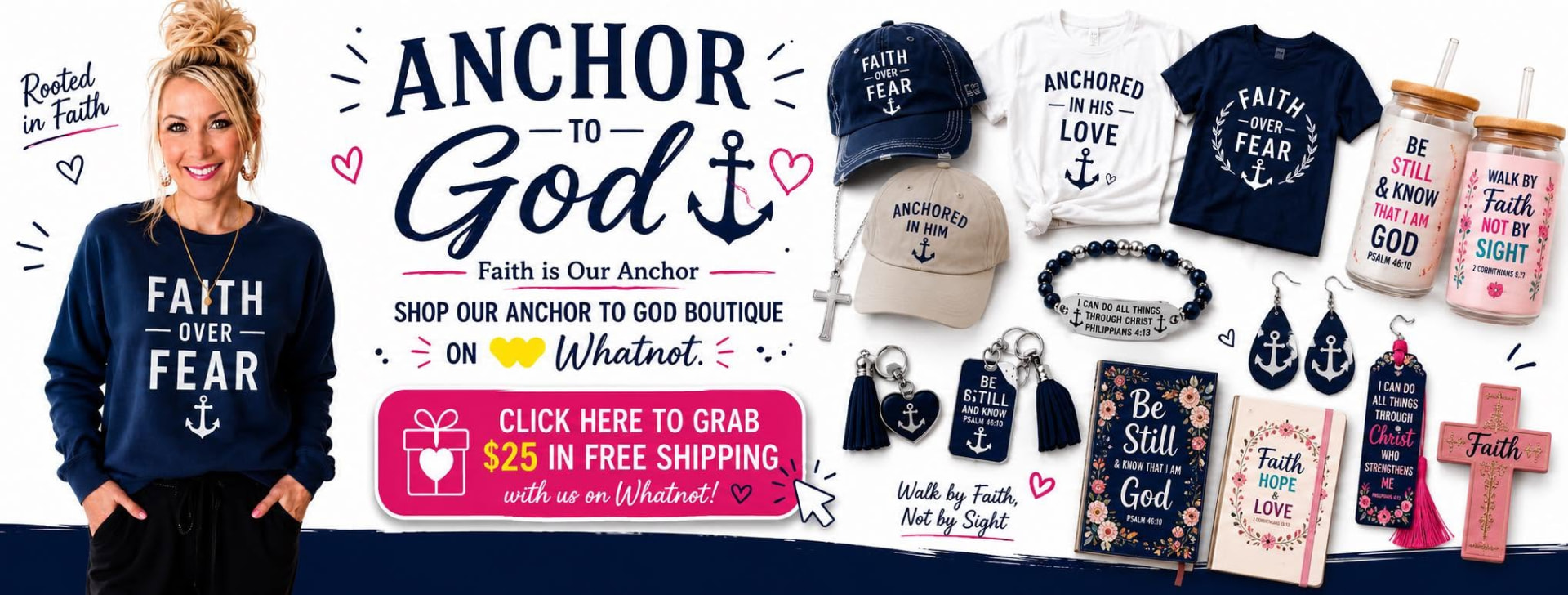 Anchor To God boutique on Whatnot: a smiling woman beside caps, shirts, tumblers, a cross necklace and other faith-filled finds