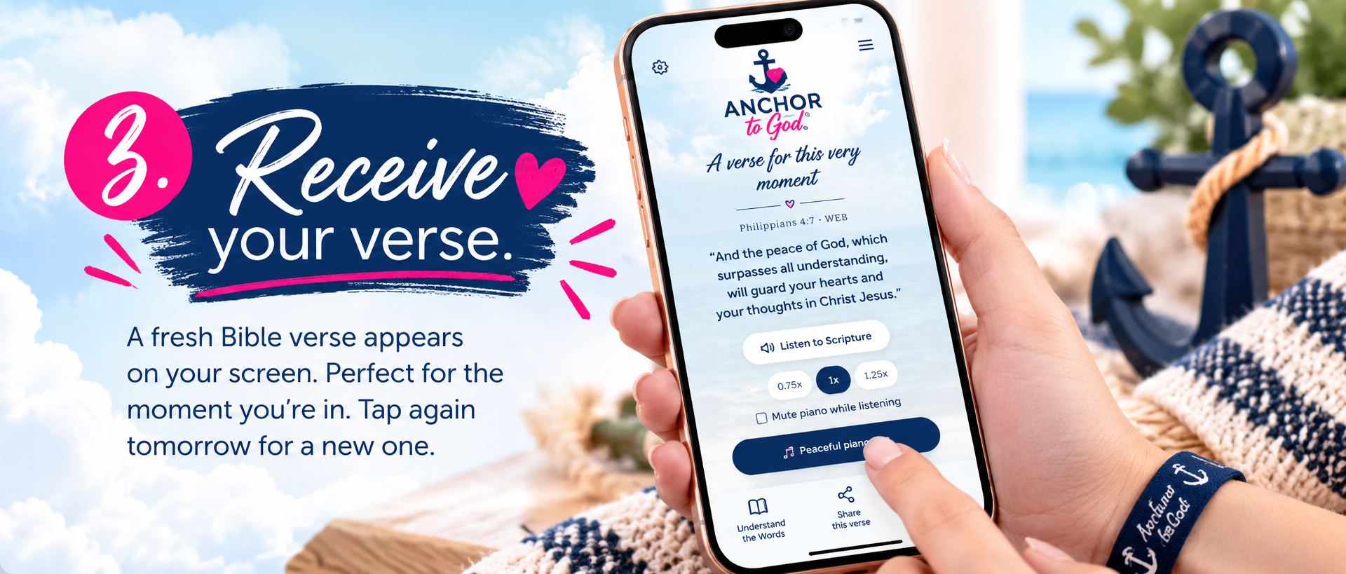 3. Receive your verse — a fresh Bible verse appears on your screen. Tap again tomorrow for a new one.