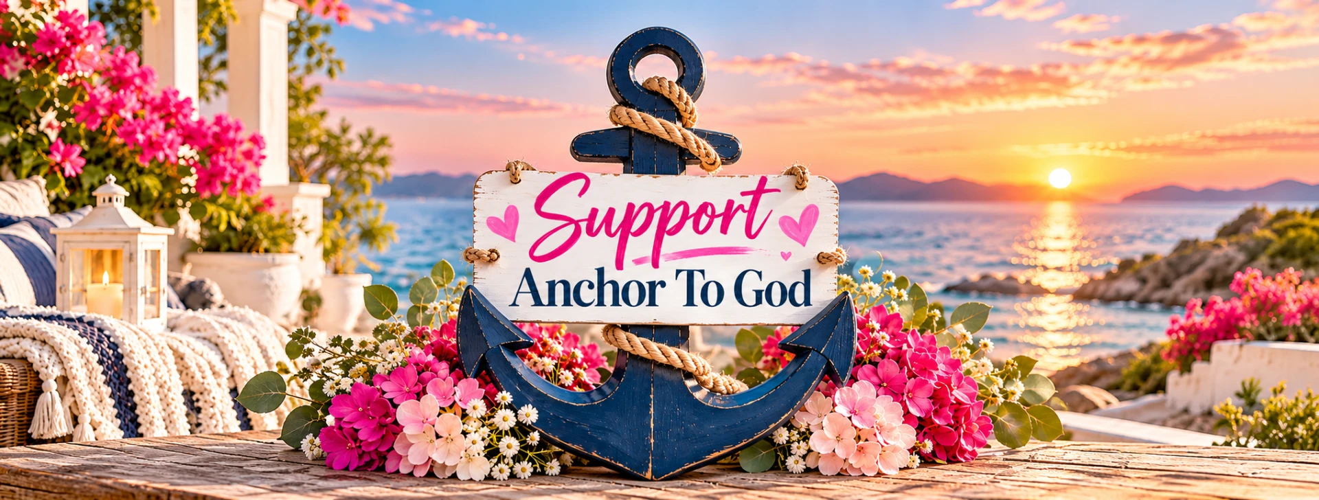 A weathered wooden sign reading Support Anchor To God hung on a navy rope-wrapped anchor among pink hydrangeas, with a sunset over the sea behind