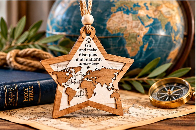 A star-shaped world-map ornament standing on an antique map beside a globe, a brass compass and a Holy Bible.